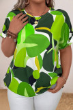 Yellow Casual Print Hollow Out Pearl O Neck Plus Size Tops
