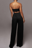 Black Casual Solid Color Patchwork Belted Strapless Sleeveless Two Pieces