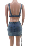 Blue Street Solid Color Backless Zipper Patchwork Tassel V Neck Sleeveless Two Pieces