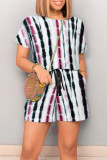 Red Casual Gradient Print Draw String Pocket O Neck Loose Rompers