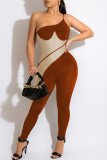 Orange Sexy Patchwork Backless Contrast Spaghetti Strap Skinny Jumpsuits