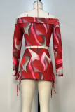 Red Sexy Print Bandage Hollow Out Slit Patchwork Off Shoulder Long Sleeve Two Pieces