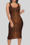 Red Sexy Leopard Print Patchwork U Neck Wrapped Skirt Dresses