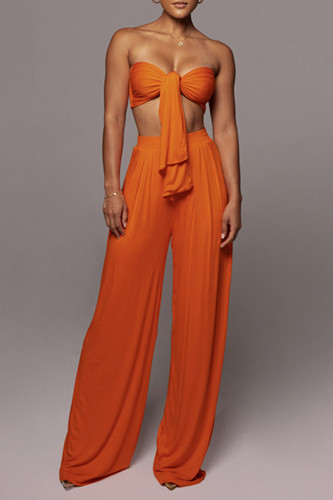 Tangerine Red Casual Solid Color Patchwork Belted Strapless Sleeveless Two Pieces