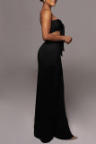 Black Casual Solid Color Patchwork Belted Strapless Sleeveless Two Pieces