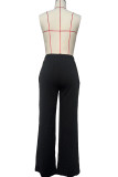Black Casual Solid Color Draw String Pocket Patchwork Straight Mid Waist Straight Patchwork Bottoms