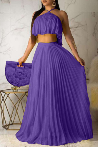 Purple Celebrities Solid Color Backless Pleated Patchwork Halter Sleeveless Two Pieces