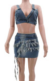Blue Street Solid Color Backless Zipper Patchwork Tassel V Neck Sleeveless Two Pieces