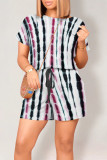 Grey Black Casual Gradient Print Draw String Pocket O Neck Loose Rompers