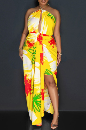 Yellow Sexy Casual Print Bandage Backless Halter Long Dresses