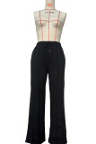Black Casual Solid Color Draw String Pocket Patchwork Straight Mid Waist Straight Patchwork Bottoms
