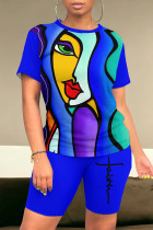 Blue Casual Print Contrast O Neck Short Sleeve Two Pieces