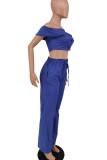 Deep Blue Casual Solid Color Draw String Pocket Buckle Patchwork Off Shoulder Short Sleeve Two Pieces