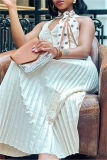 White Casual Solid Color Backless Halter Sleeveless Two Pieces