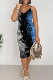 Blue Casual Gradient Print Contrast V Neck Printed Dresses