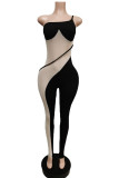 Coffee Sexy Patchwork Backless Contrast Spaghetti Strap Skinny Jumpsuits