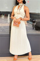 White Casual Solid Color Backless Halter Sleeveless Two Pieces