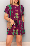 Purplish Red Casual Gradient Print Draw String Pocket O Neck Loose Rompers