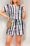 Purplish Red Casual Gradient Print Draw String Pocket O Neck Loose Rompers