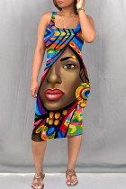 Multicolor Street Print Patchwork Square Neck Wrapped Skirt Dresses
