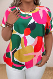 Yellow Casual Print Hollow Out Pearl O Neck Plus Size Tops