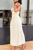 White Casual Solid Color Backless Halter Sleeveless Two Pieces