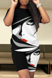 Black White Casual Print Contrast O Neck Short Sleeve Two Pieces