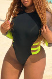 Black Sportswear Hollow Out Zipper Patchwork Swimwears