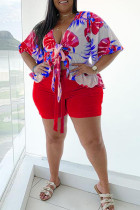 Red Casual Floral Print Bandage Patchwork V Neck Plus Size Two Pieces
