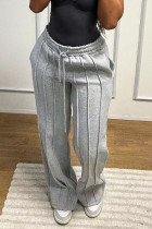 Grey Casual Solid Color Draw String Pocket Patchwork Straight Mid Waist Straight Patchwork Bottoms