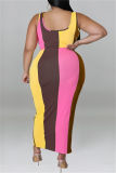 Blue Casual Patchwork Contrast U Neck Plus Size Two Pieces