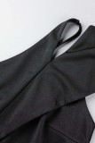 Black Casual Solid Color Backless Oblique Collar Regular Jumpsuits