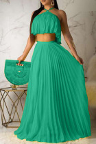 Green Celebrities Solid Color Backless Pleated Patchwork Halter Sleeveless Two Pieces