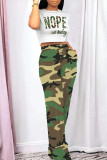 Camouflage Casual Gradient Print Geometric Print Camouflage Print Pocket O Neck Short Sleeve Two Pieces