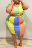 Orange Yellow Casual Patchwork Contrast U Neck Plus Size Two Pieces