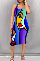 Multicolor Street Print Patchwork Square Neck Wrapped Skirt Dresses