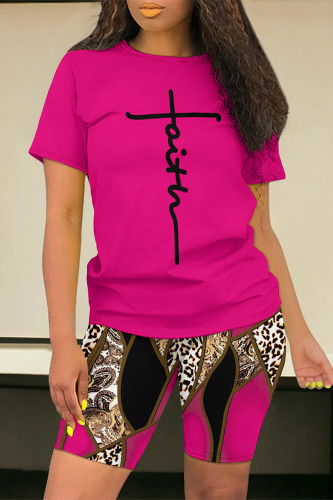 Rose Red Casual Leopard Print Letter Print Patchwork O Neck Short Sleeve Two Pieces