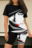 Black White Casual Print Contrast O Neck Short Sleeve Two Pieces
