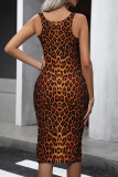 Orange Sexy Leopard Print Patchwork U Neck Wrapped Skirt Dresses