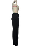 Black Casual Solid Color Draw String Pocket Patchwork Straight Mid Waist Straight Patchwork Bottoms