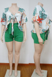 Red Casual Floral Print Bandage Patchwork V Neck Plus Size Two Pieces