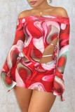 Red Sexy Print Bandage Hollow Out Slit Patchwork Off Shoulder Long Sleeve Two Pieces