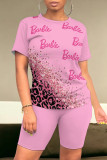 Pink Casual Print Contrast O Neck Short Sleeve Two Pieces