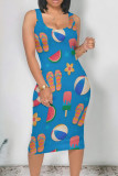 Turquoise Street Print Patchwork U Neck Wrapped Skirt Dresses