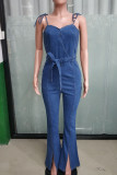 The cowboy blue Street Solid Color Lace Up Slit Patchwork Spaghetti Strap Regular Jumpsuits