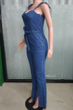 The cowboy blue Street Solid Color Lace Up Slit Patchwork Spaghetti Strap Regular Jumpsuits
