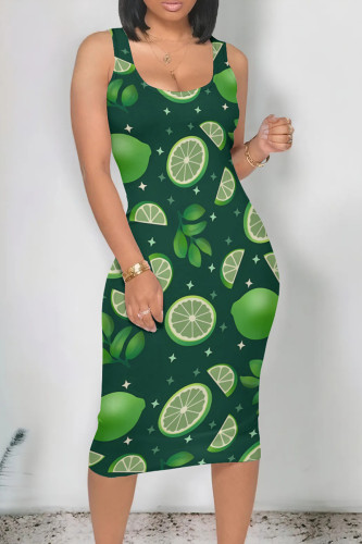Green Street Print Patchwork U Neck Wrapped Skirt Dresses