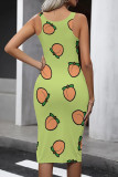Fruit Green Street Print Patchwork U Neck Wrapped Skirt Dresses