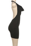 Black Street Solid Color Backless Patchwork V Neck Wrapped Skirt Dresses