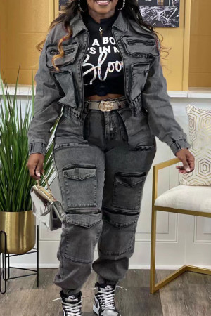 Dark Gray Casual Solid Patchwork Pocket Buttons Zipper Turndown Collar Long Sleeve Two Pieces Cargo Denim Jackets And Pants Sets